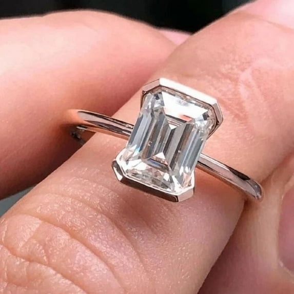 solitaire jewels 3CT Half Bezel Set Emerald MoissaniteEngagement Ring For Women, 18K Rose Gold