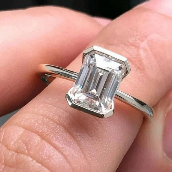 solitaire jewels 3CT Half Bezel Set Emerald MoissaniteEngagement Ring For Women, 18K White Gold