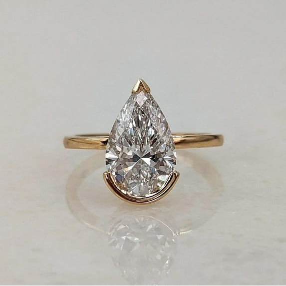 solitaire jewels 3CT Half Bezel Set Pear Moissanite Solitaire Engagement Ring For Women, 14K Rose Gold