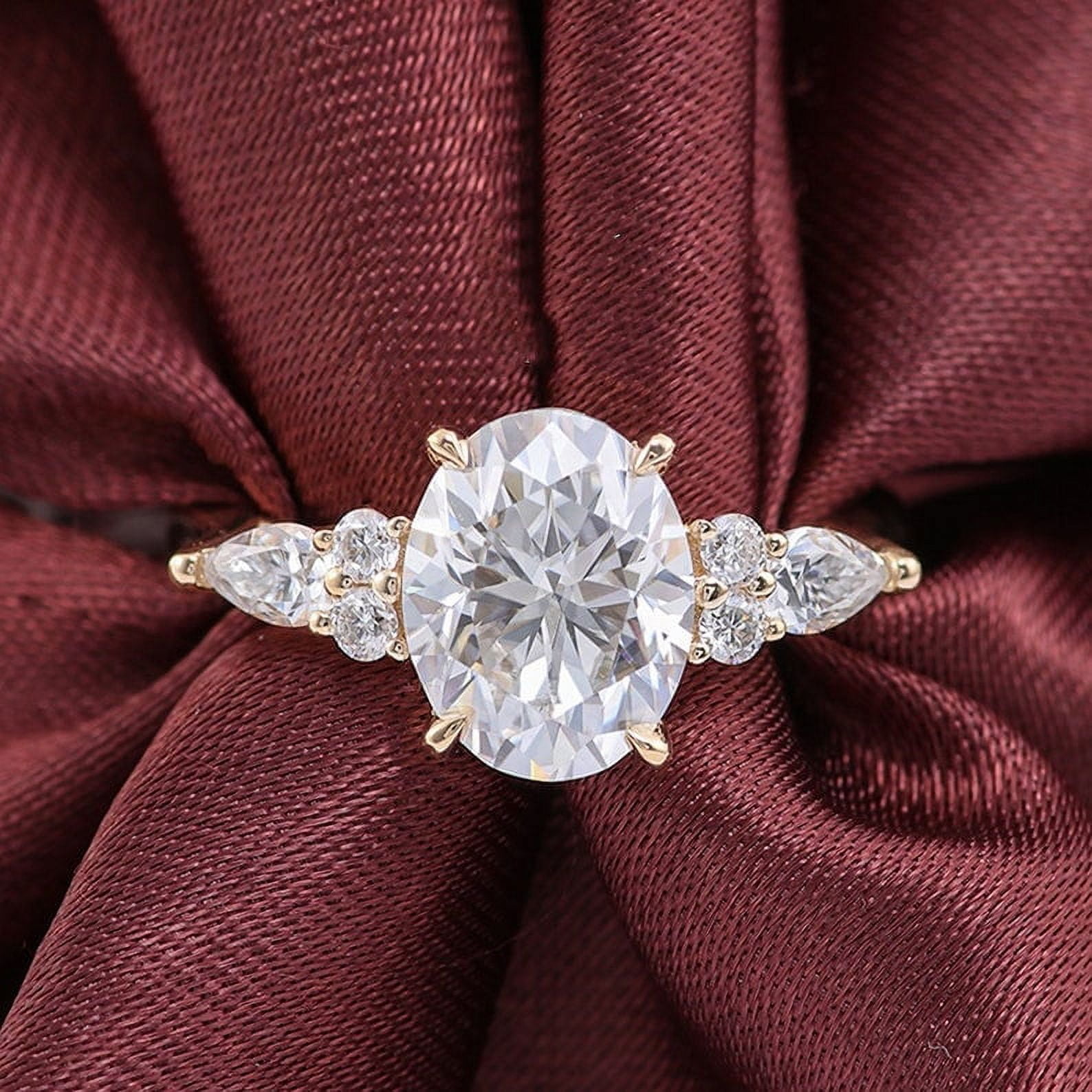 solitaire jewels 3CT Oval Moissanit 7 stone Engagement Ring For Women, 14K Yellow Gold