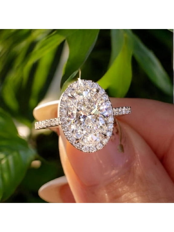 3CT Oval Moissanit Hidden Halo Engagement Ring For Women, 10K White Gold
