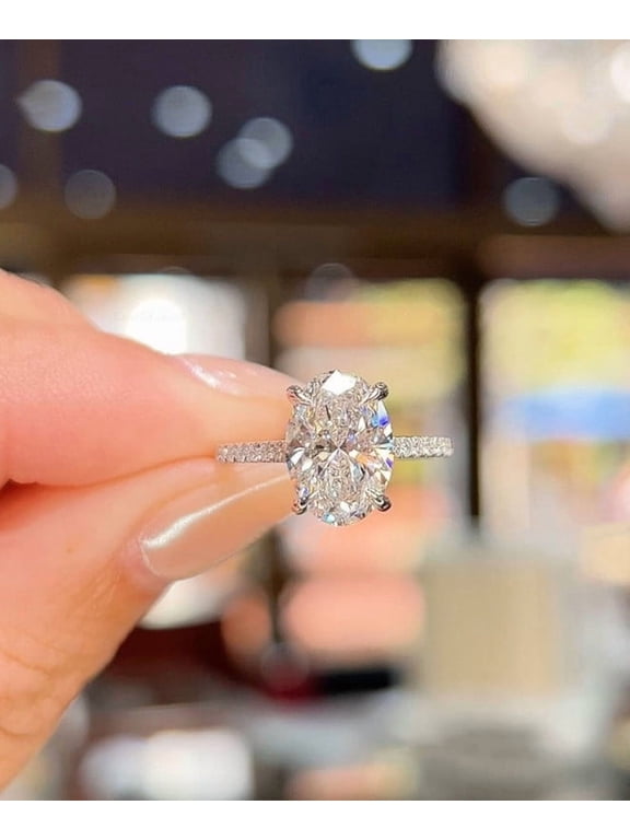 3CT Oval Moissanite Hidden Halo Engagement Ring For Women, 14K White Gold Plating Over Silver, D Color VVS Clarity