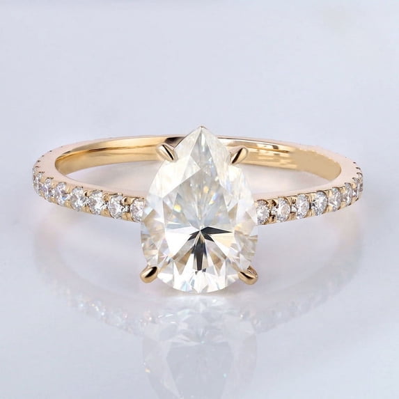 solitaire jewels 3CT Pear Moissanit Hidden Halo Engagement Ring For Women, 14K Yellow Gold