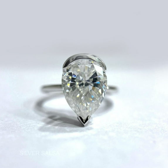 solitaire jewels 3CT Pear Moissanite Half Bezel Engagement Ring For Women, 10K White Gold