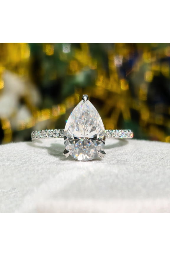 3CT Pear Moissanite Hidden Halo Engagement Ring For Women, 10K White Gold