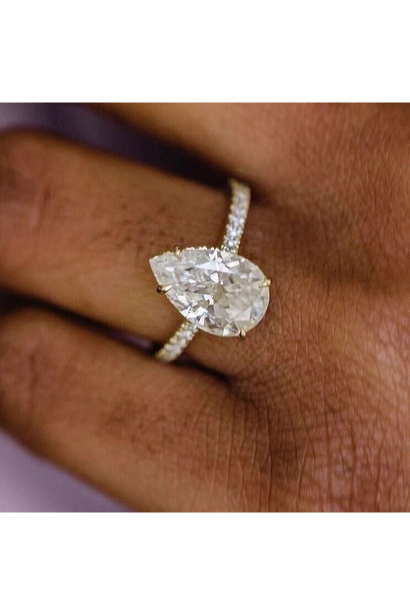 3CT Pear Moissanite Hidden Halo Engagement Ring For Women, 14K Yellow Gold