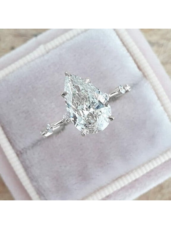 3CT Pear Moissanite Pave Diatance Diamond Solitaire Engagement Ring For Women, 10K White Gold