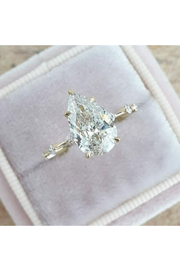 3CT Pear Moissanite Pave Diatance Diamond Solitaire Engagement Ring For Women, 10K White Gold