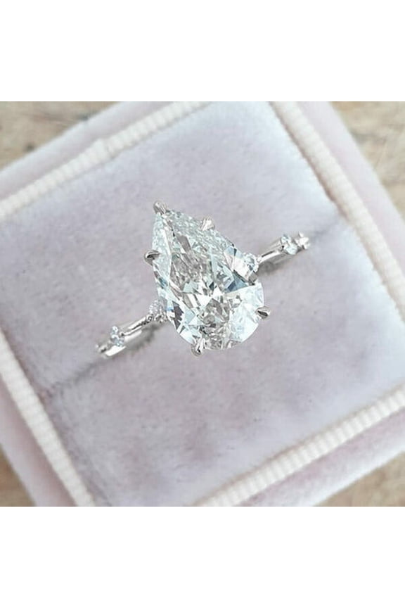3CT Pear Moissanite Pave Diatance Diamond Solitaire Engagement Ring For Women, 10K White Gold