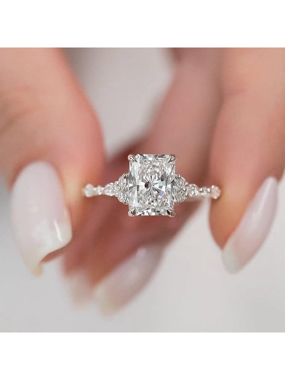 3CT Radiant Moissanite Hidden Halo Engagement Ring For Women, 10K White Gold