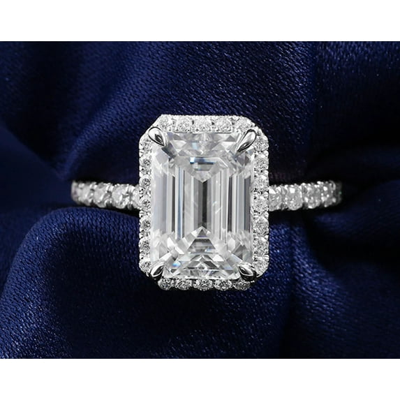 solitaire jewels 4CT Emerald Moissanite Halo Engagement Ring For Women, 10K White Gold