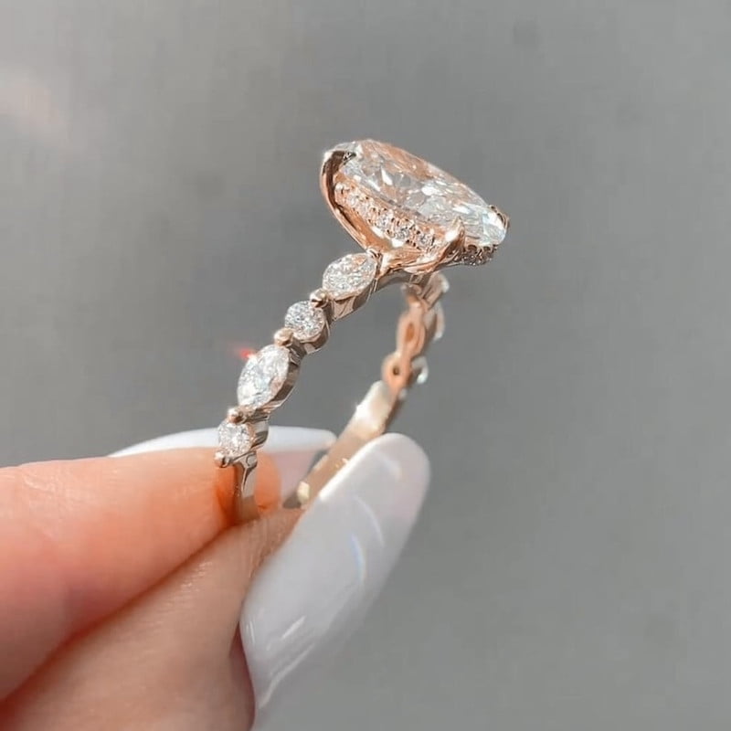 solitaire jewels 4TCW Oval Moissanite Hidden Halo Engagement Ring For Women, 14K Rose Gold