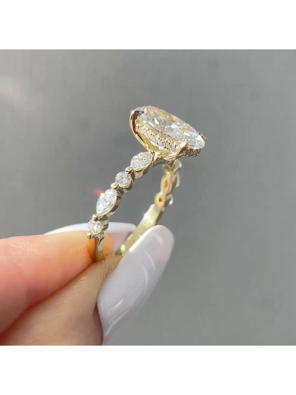 4TCW Oval Moissanite Hidden Halo Engagement Ring For Women, 14K Yellow Gold