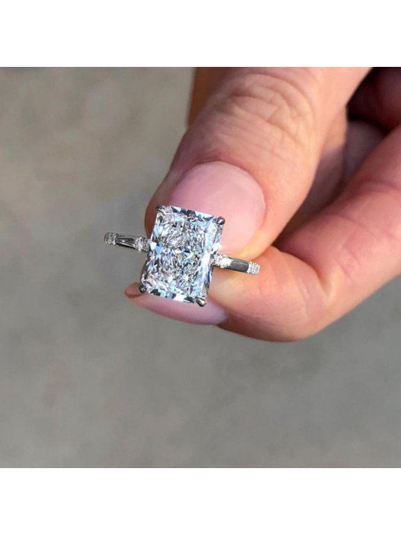 5CT Radiant Moissanite Hidden Halo Engagement Ring For Women, 14K White Gold Plated Over Silver, D Color VVS Clarity