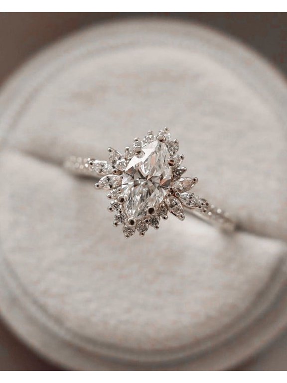 Art Deco 1CT Marquise Moissanit Engagement Ring For Women, 14K White Gold