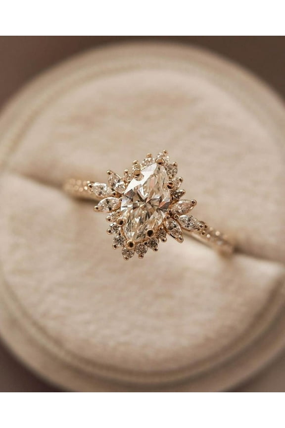 Art Deco 1CT Marquise Moissanit Engagement Ring For Women, 18K Yellow Gold