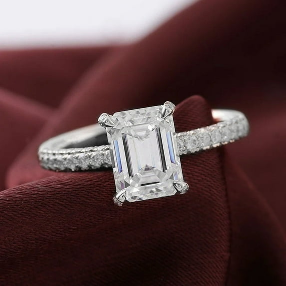 solitaire jewels Art Deco 3CT Emerald Moissanite Hidden Halo Engagement Ring For Women with 3D Pave Diamond Shank, 18K White Gold