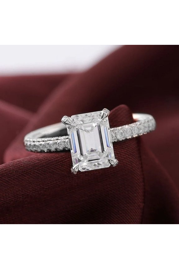 Art Deco 3CT Emerald Moissanite Hidden Halo Engagement Ring For Women with 3D Pave Diamond Shank, 18K White Gold