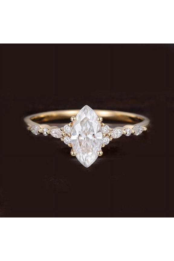 Art Deco Marquise Moissanite Engagement Ring For Women, 14K Yellow Gold