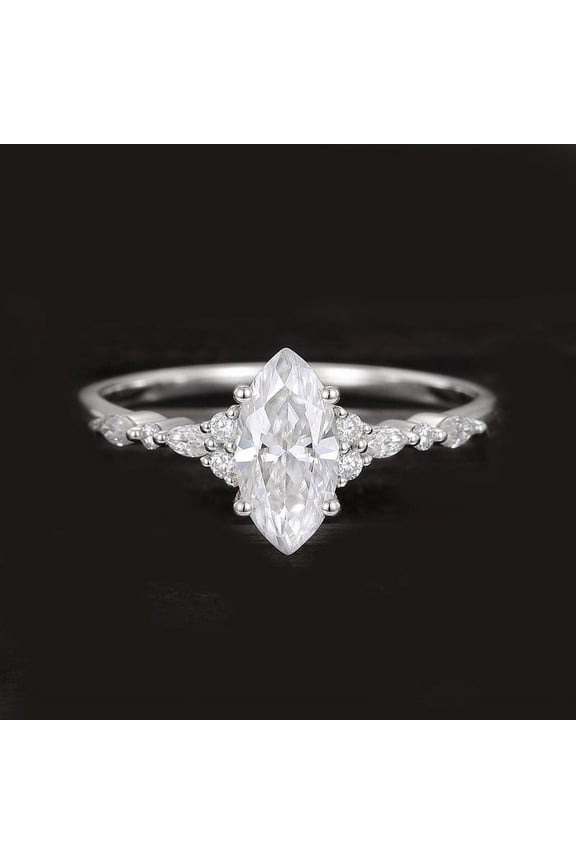 Art Deco Marquise Moissanite Engagement Ring For Women, 18K White Gold
