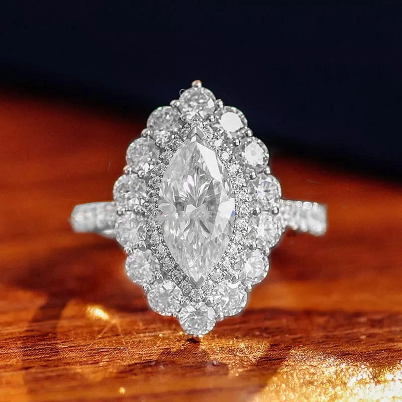 solitaire jewels Art Deco Marquise Moissanite Halo Engagement Ring For Women, 10K White Gold