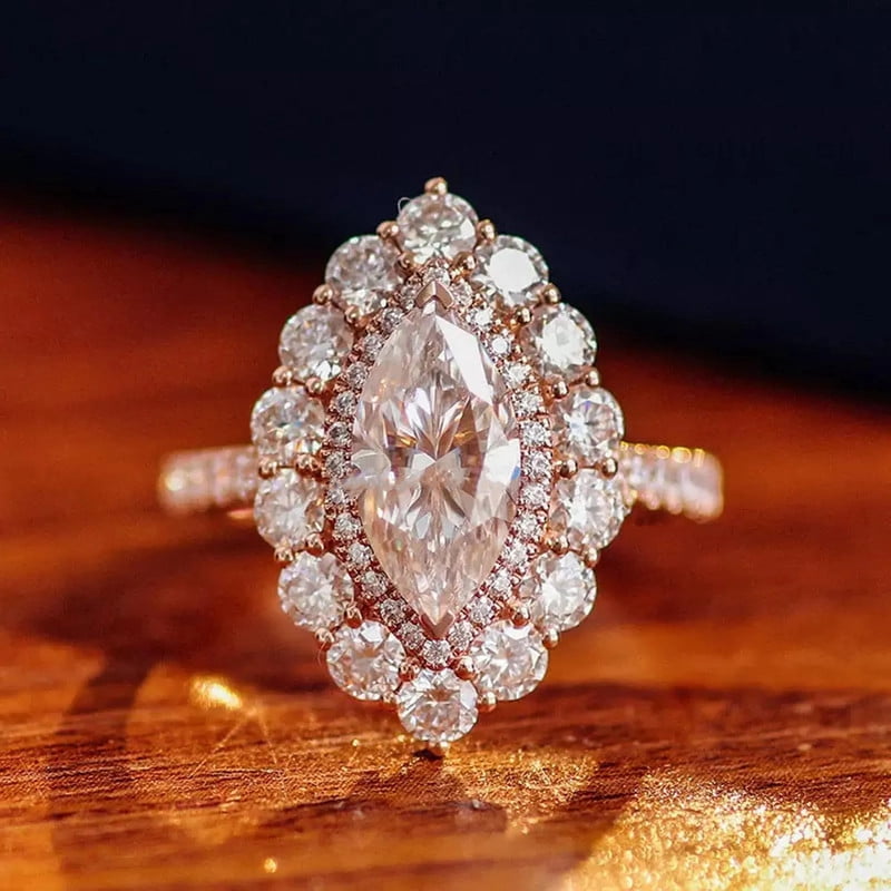 solitaire jewels Art Deco Marquise Moissanite Halo Engagement Ring For Women, 14K Rose Gold