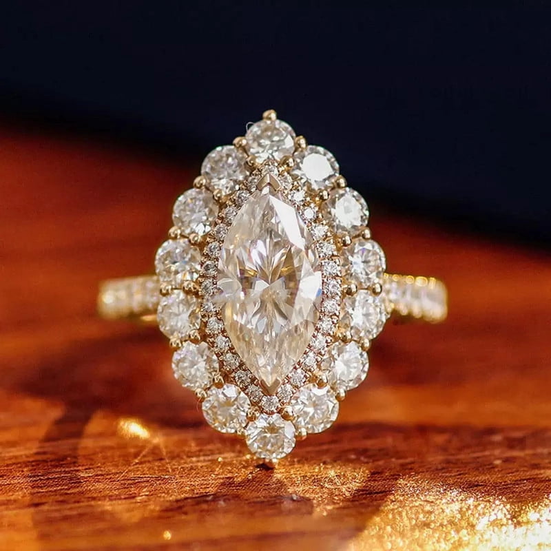 solitaire jewels Art Deco Marquise Moissanite Halo Engagement Ring For Women, 14K Yellow Gold