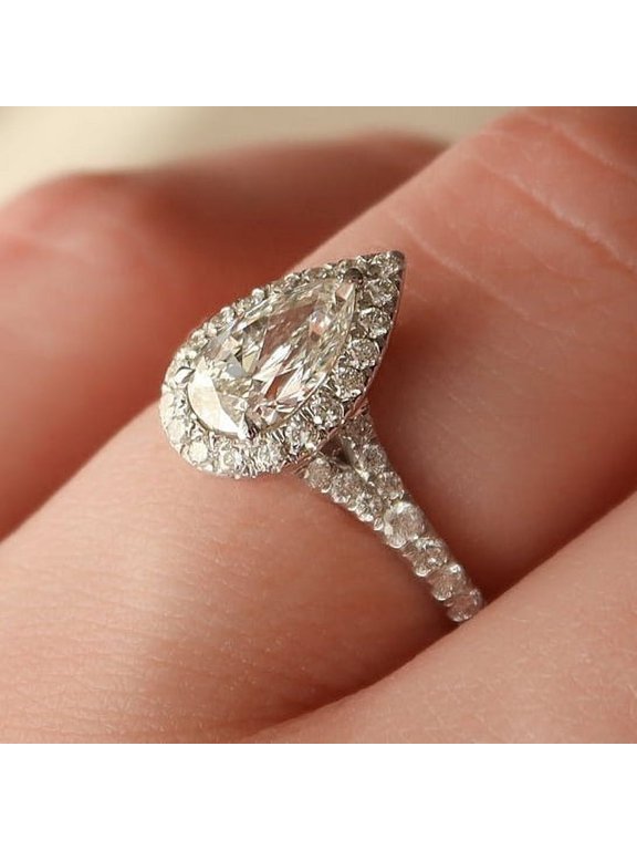 Art Deco Pera Moissanite Engagement Ring For Women With Split Shank, 10K White Gold