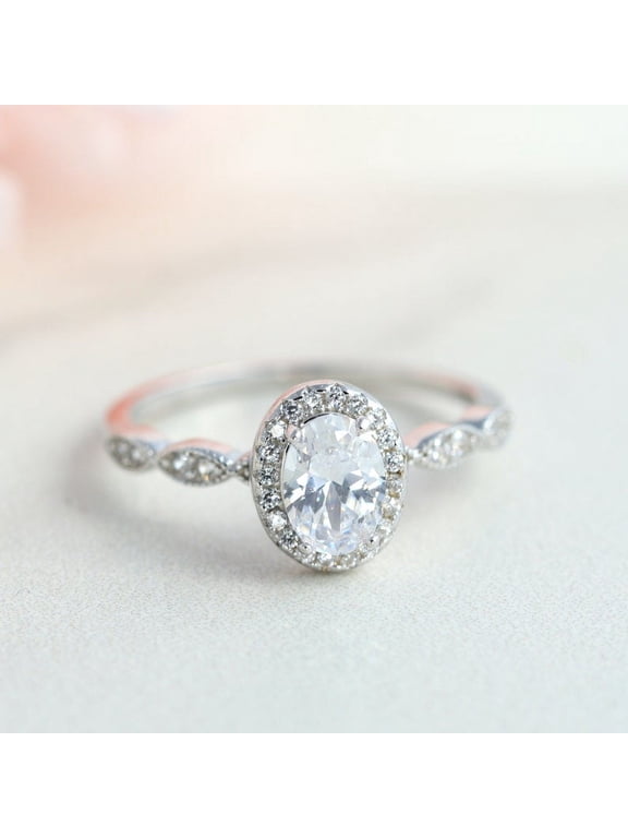Dainty 1CT Oval Art deco Moissanite Halo Engagement Ring For Women, 10K White Gold