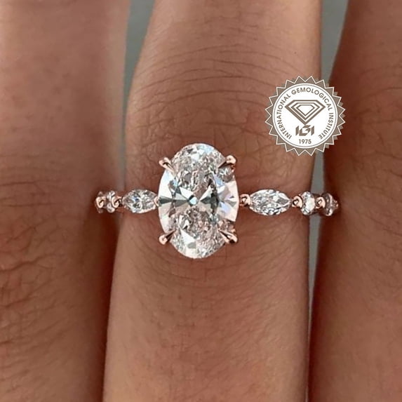 solitaire jewels IGI Certified 1.5CT Oval Lab Grown Diamond Soloitaire Engagement Ring For Women, 10K Rose Gold, EF Color VS Clarity