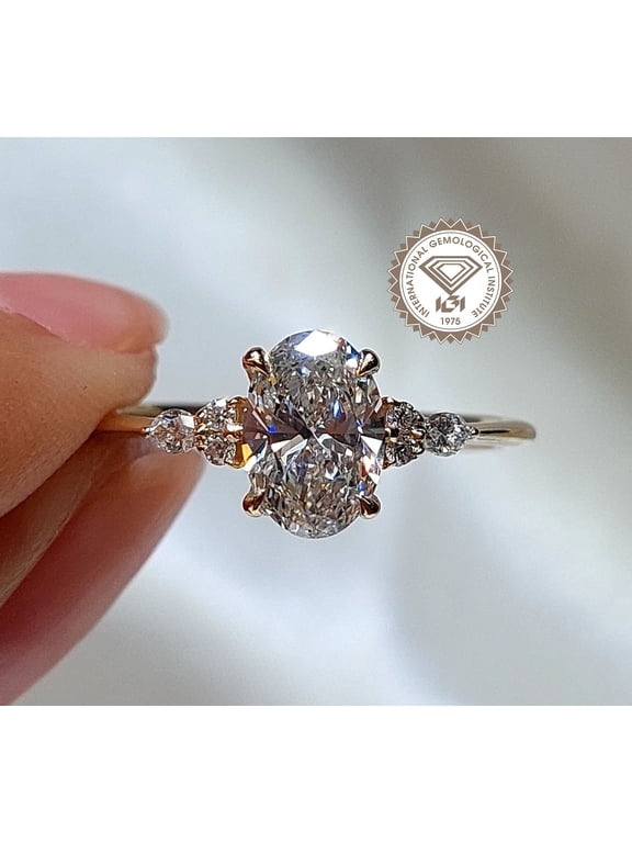IGI Certified 2CT Oval Lab Grown Diamond Engagement Ring For Women, 10K Yellow Gold, EF Color VS Clarity