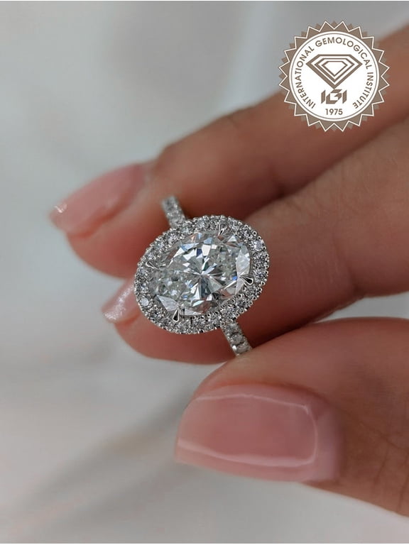 IGI Certified 3CT Oval Cut Lab Grown Diamond Halo Engagement Ring For Women, 10K White Gold, EF Color VS Clarity