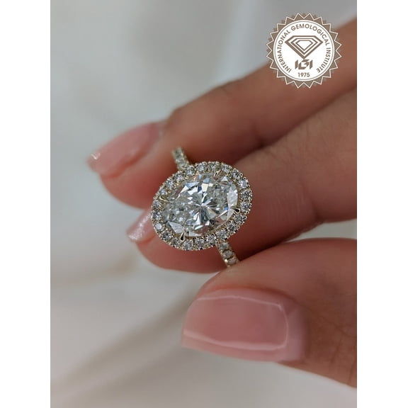 solitaire jewels IGI Certified 3CT Oval Cut Lab Grown Diamond Halo Engagement Ring For Women, 10K Yellow Gold, EF Color VS Clarity