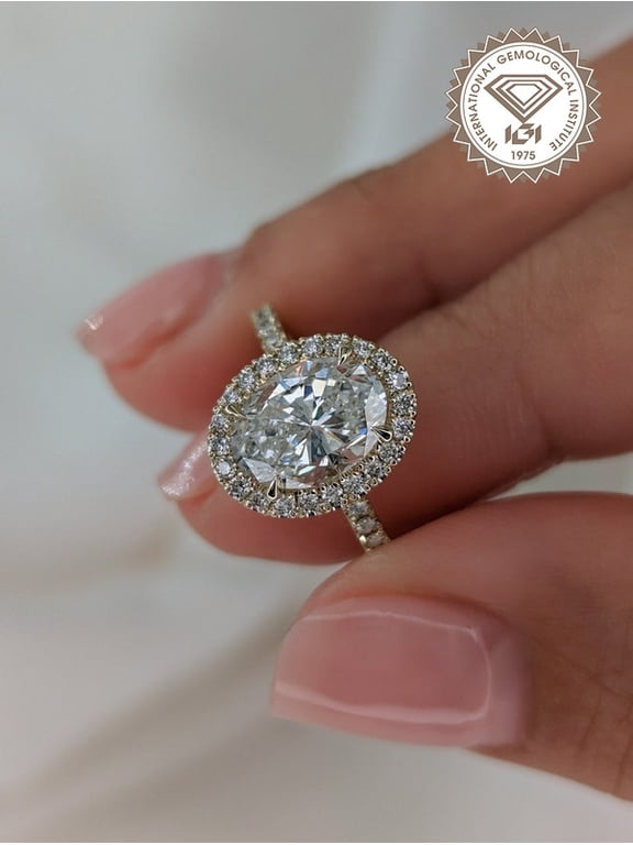 IGI Certified 3CT Oval Cut Lab Grown Diamond Halo Engagement Ring For Women, 10K Yellow Gold, EF Color VS Clarity