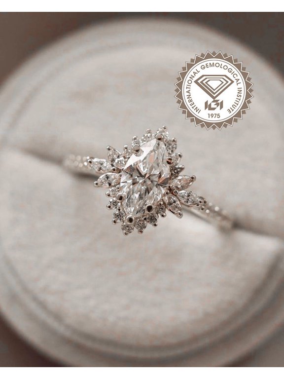 IGI Certified Art Deco 1.5CT Marquise Lab Grown Diamond Engagement Ring For Women, EF Color VS Clarity,, 10K White Gold