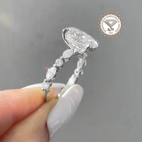 solitaire jewels IGI Certified Hidden Halo 3CT Oval Cut Lab Grown Diamond Engagement Ring For Women, 18K White Gold, EF Color VS Clarity