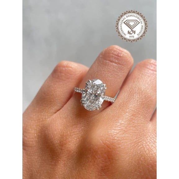 solitaire jewels IGI Certified Hidden Halo 4CT Oval Cut Lab Grown Diamond Engagement Ring For Women, 10K White Gold, EF Color VS Clarity
