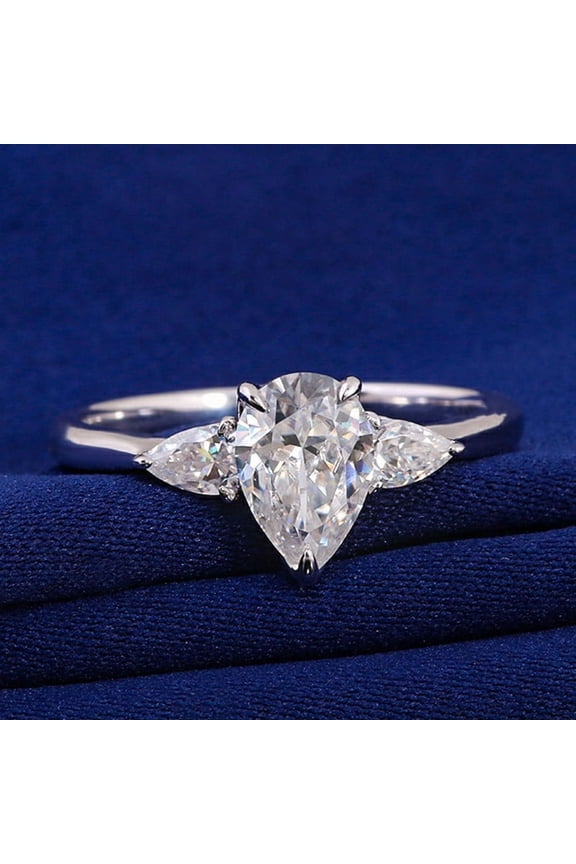 Tulip Setting 2CT Pear Moissanite 3 Stone Engagement Ring For Women, 14K White Gold