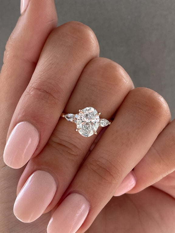 Tulip Setting Oval Moissanite With Side Pear Muse Setting Engagement Ring For Women, 10K White Gold