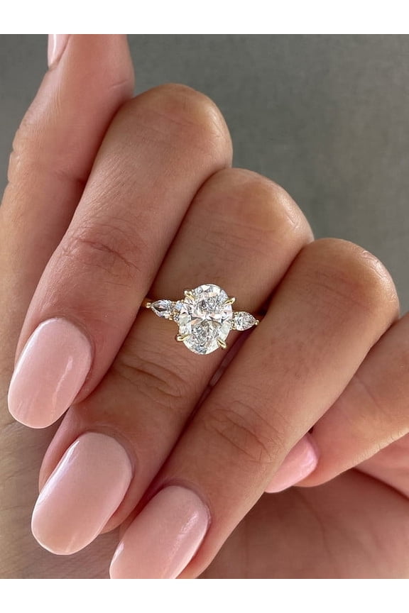 Tulip Setting Oval Moissanite With Side Pear Muse Setting Engagement Ring For Women, 10K White Gold