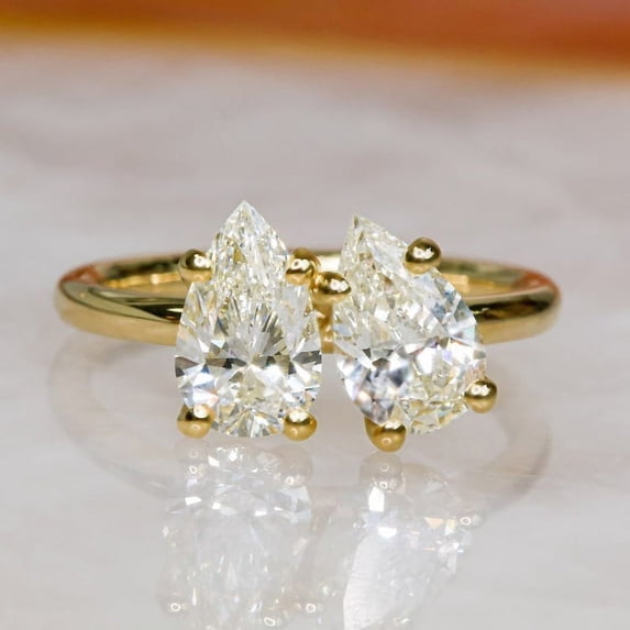 solitaire jewels Two Stone Toi et Moi Pear Moissanite Engagement Ring For Women, 14K Yellow Gold