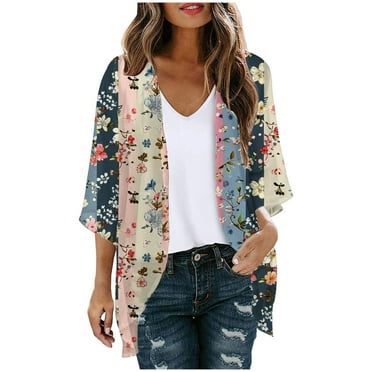 somlo Summer Cardigans for Women Lightweight 3/4 Sleeve Open Front Kimono Beach Coverup Cardigan Jacket Boho Floral Loose Chiffon Swimsuit Cover Ups Hawaiian Travel Outfits Flowy Blouses