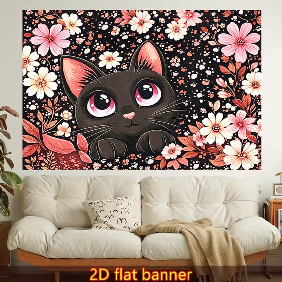This soothing floral and black cat-themed tapestry, made of polyester fiber, is easy to hang and suitable for wall decoration in living rooms, bedrooms, offices, and family parties.