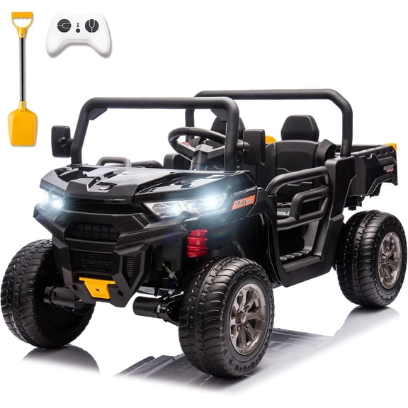 sopbost 2 Seater 24V Ride On Toys for Big Kids with Electric Dump Bed 4WD Battery Powered Cars for Kids with Remote Control, Ride On Car with EVA Tires Wheels, Shovel, Music, Black