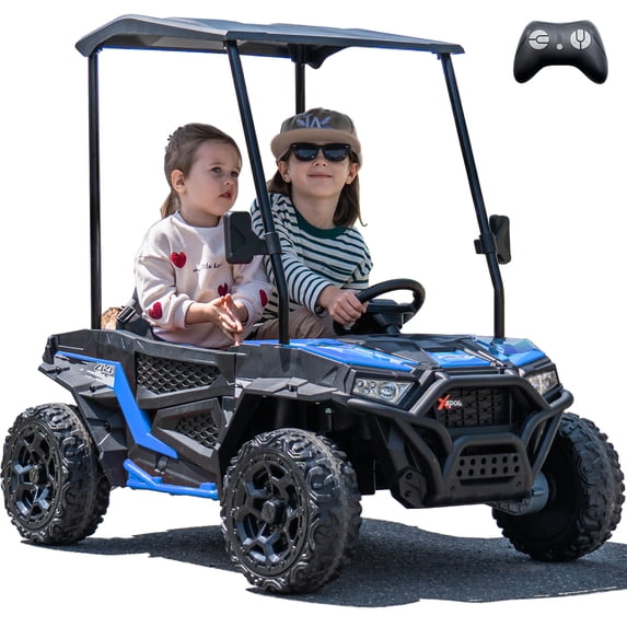 Sopbost 24V 4WD Kids Ride On UTV with Remote Control, 2 Seater Battery Powered Ride On Toy with EVA Tires, Music, Plastic Roof, 3-5 MPH, Ages 3-8, Blue