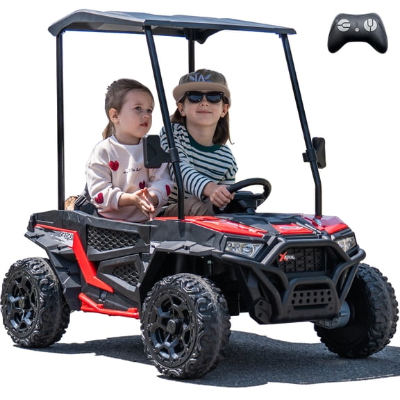 Sopbost 24V 4WD Kids Ride On UTV with Remote Control, 2 Seater Battery Powered Ride On Toy with EVA Tires, Music, Plastic Roof, 3-5 MPH, Ages 3-8, Red