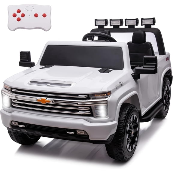sopbost Licensed Chevy Silverado 2 Seater 24V Kids Electric Ride-On Toy Car, Ages 3–8, Max Speed 5 MPH, Battery-Powered Toy Vehicle with Remote Control, White