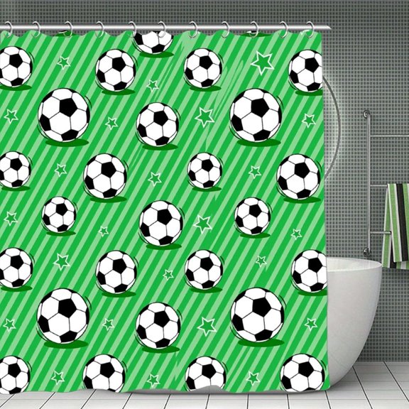 soscooter Green Field Football Party Themed Shower Curtain Simple Style Striped Bath Curtains Kids Stalls Decor Ball Sport Game Shower Curtain,70.8×70.8Inch