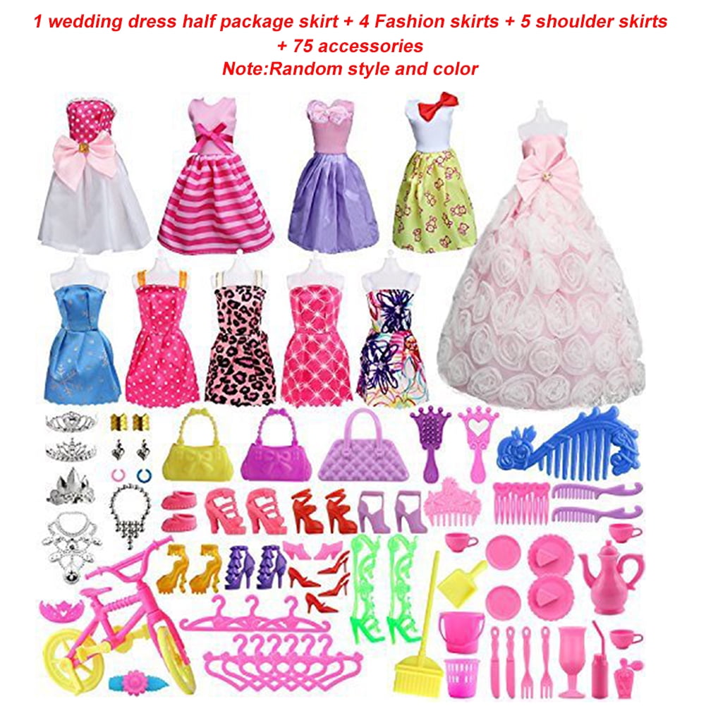 SOTOGO 85 Pcs Doll Clothes Set for Barbie Dolls Include 10 Pack Clothes Party Grown Outfits and 75 Pcs Different Doll Accessories for Little Girl
