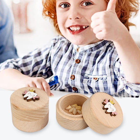 soumake Wood Baby Teeth Box Cartoon Cute Round Small Lost Tooth Keepsake Storage Saver Container Box Birthday Baby Shower Boys Girls Gift convenient